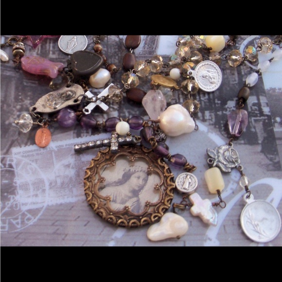 One of a Kind Hand Made Necklace & Earrings made from antique rosaries. - Picture 3 of 5